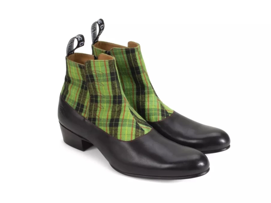 Fluevog Shoes Arthur Black Green Plaid Zip-Up Ankle Boots for Men/Women