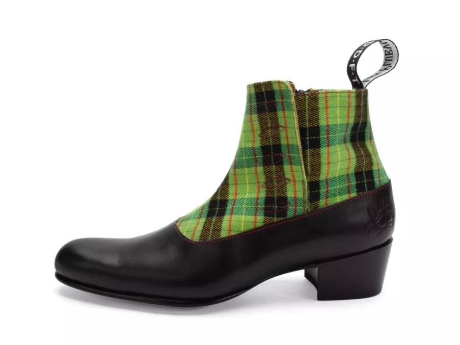 Fluevog Shoes Arthur Black Green Plaid Zip-Up Ankle Boots for Men/Women