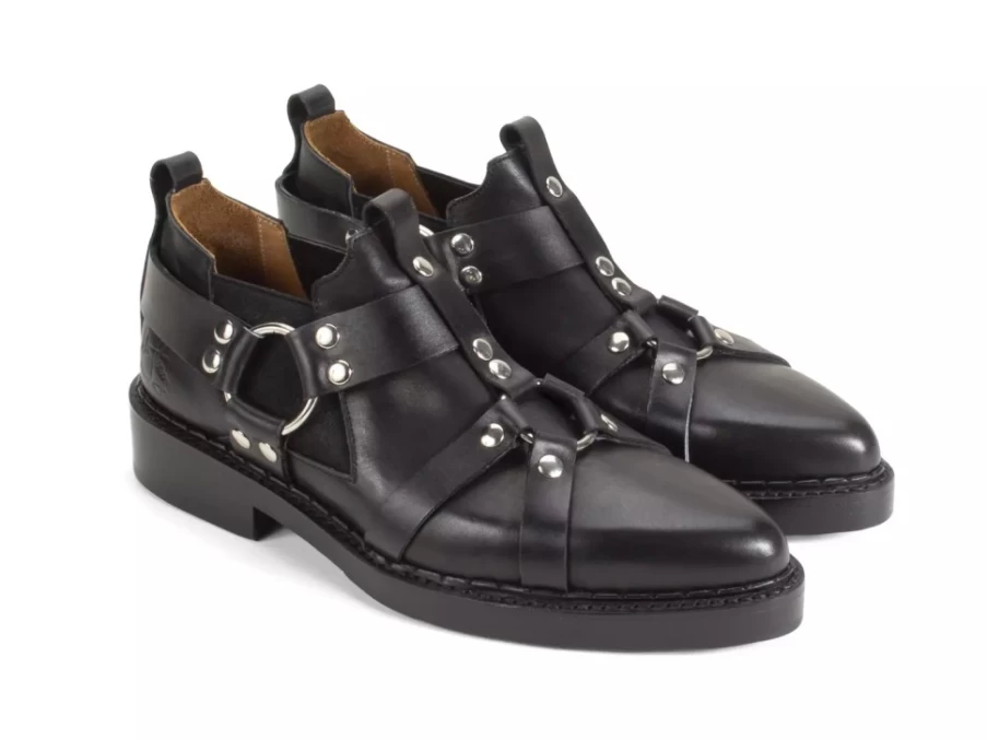 Fluevog Axel Black Leather Chelsea Boots With Harness Detail