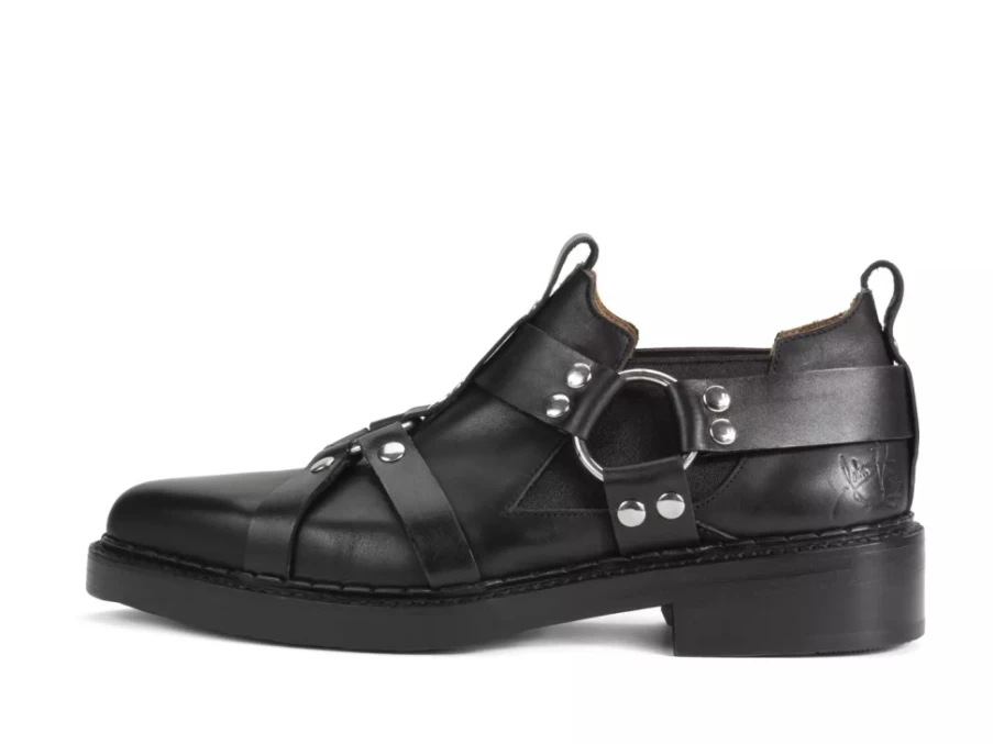 Fluevog Axel Black Leather Chelsea Boots With Harness Detail