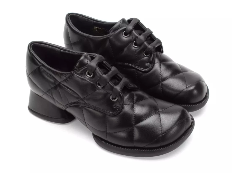 Fluevog Shoes Maika Black Quilted Lace-Up Heels for Women