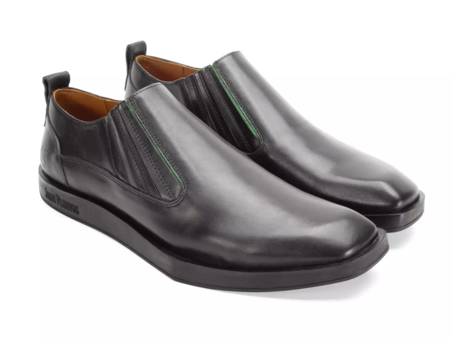 Fluevog Black/Green Slip-On Leather Shoes | Snazzy Style
