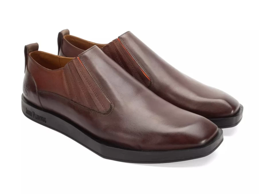 Fluevog Slip-On Leather Shoes for Men - Brown & Orange Casual Loafers