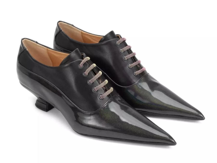 Fluevog Shoes Jenne - Black Metallic Elegant Lace-Up Heels for Women