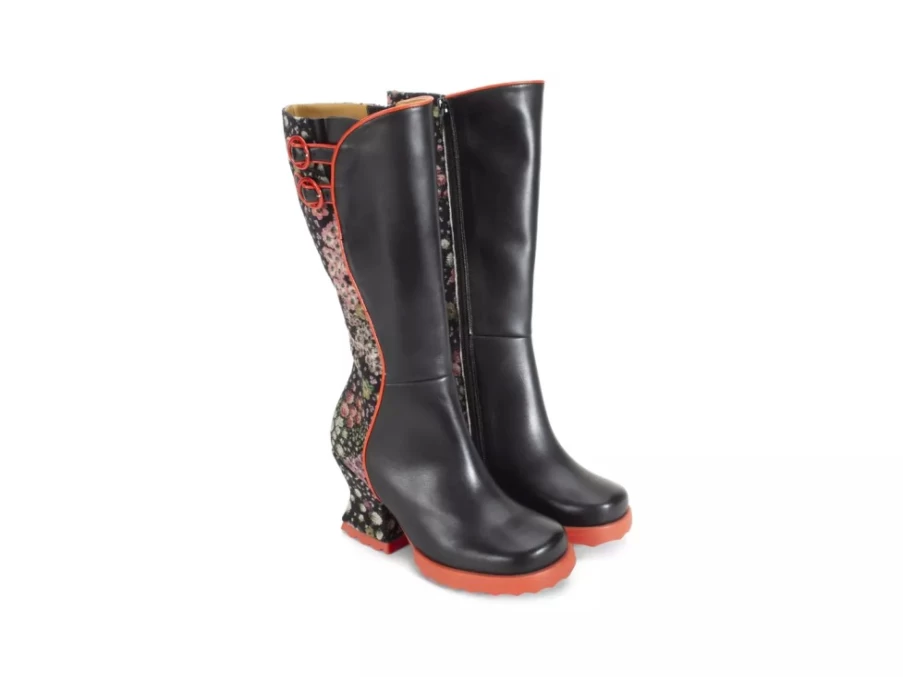 Fluevog Shoes Pare Black Floral Zip-Up Tall Boots for Women