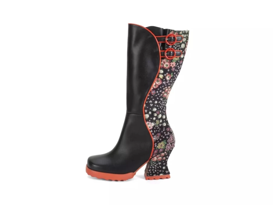 Fluevog Shoes Pare Black Floral Zip-Up Tall Boots for Women