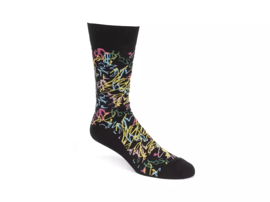 Fluevog Shoes Juniper Vog Socks - Black/Multi Abstract Knit Socks for Men & Women