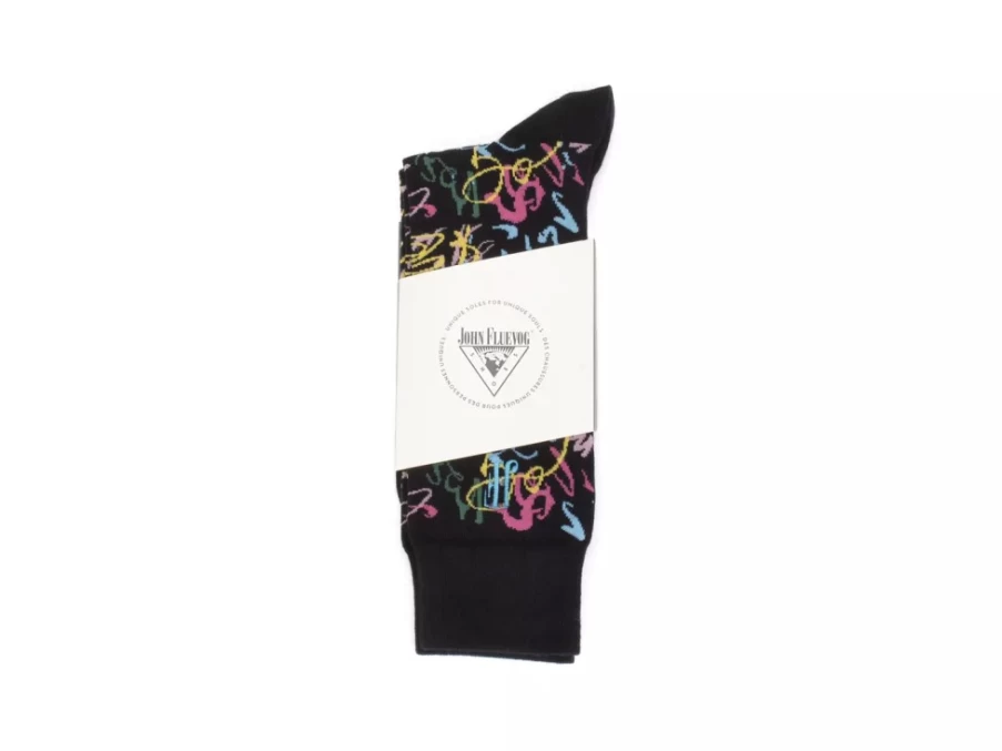 Fluevog Shoes Juniper Vog Socks - Black/Multi Abstract Knit Socks for Men & Women