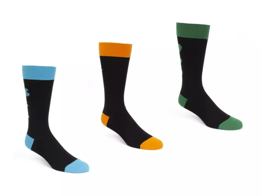 Fluevog Shoes Baz Vog Graphic Socks 3-Pack - Orange, Green, Blue Colorful Crew Socks