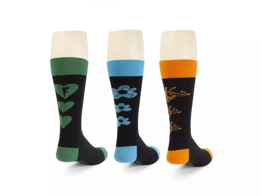 Fluevog Shoes Baz Vog Graphic Socks 3-Pack - Orange, Green, Blue Colorful Crew Socks