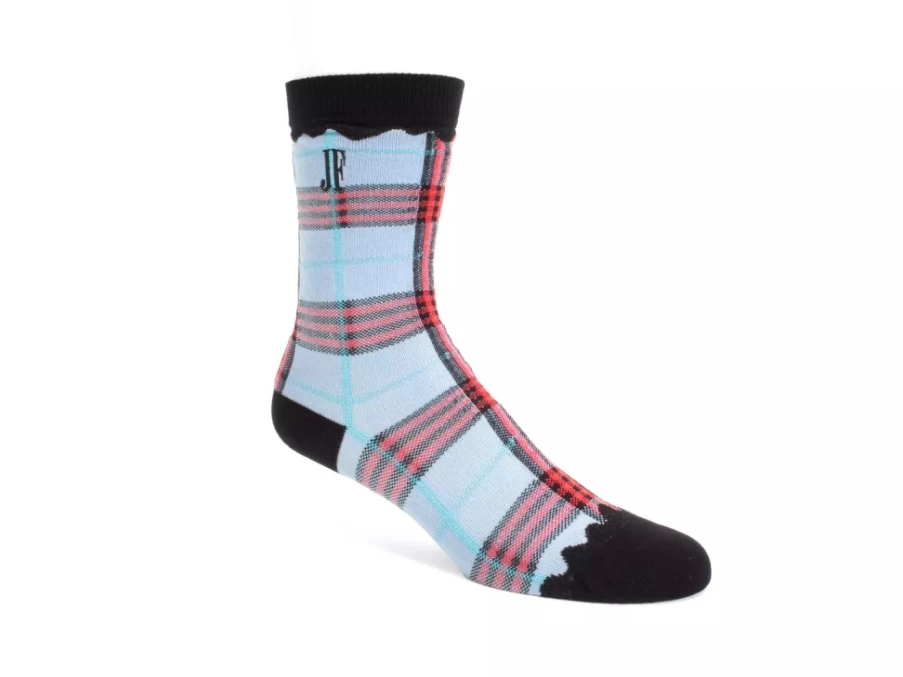 Fluevog Shoes Hazel Vog Light Blue Knit Plaid Socks for Women & Men
