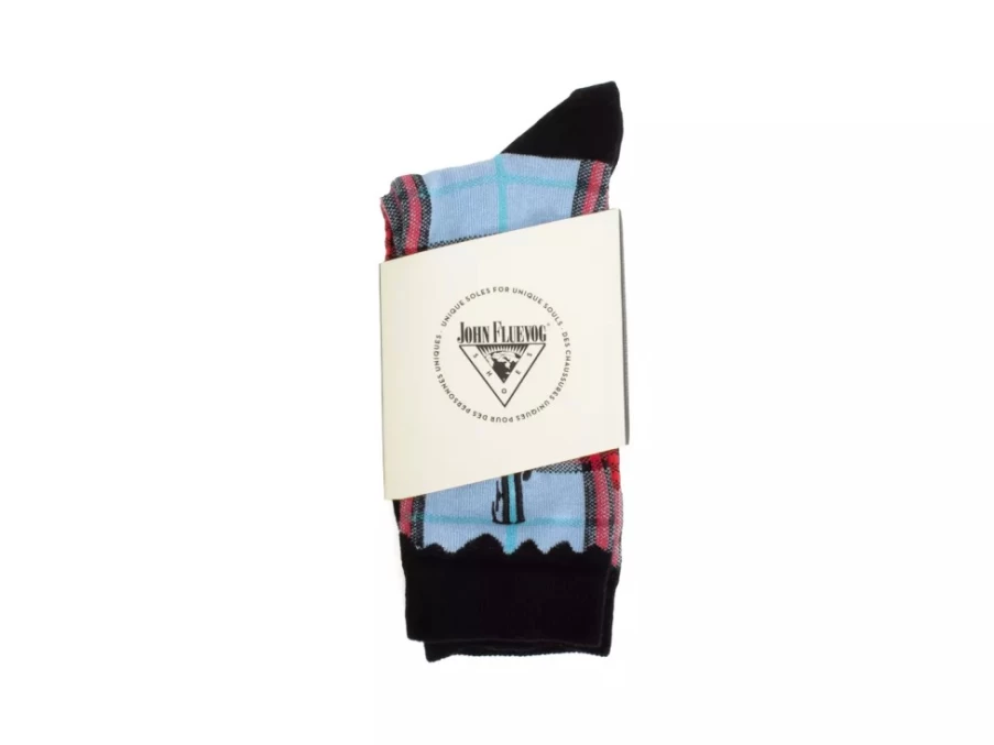 Fluevog Shoes Hazel Vog Light Blue Knit Plaid Socks for Women & Men